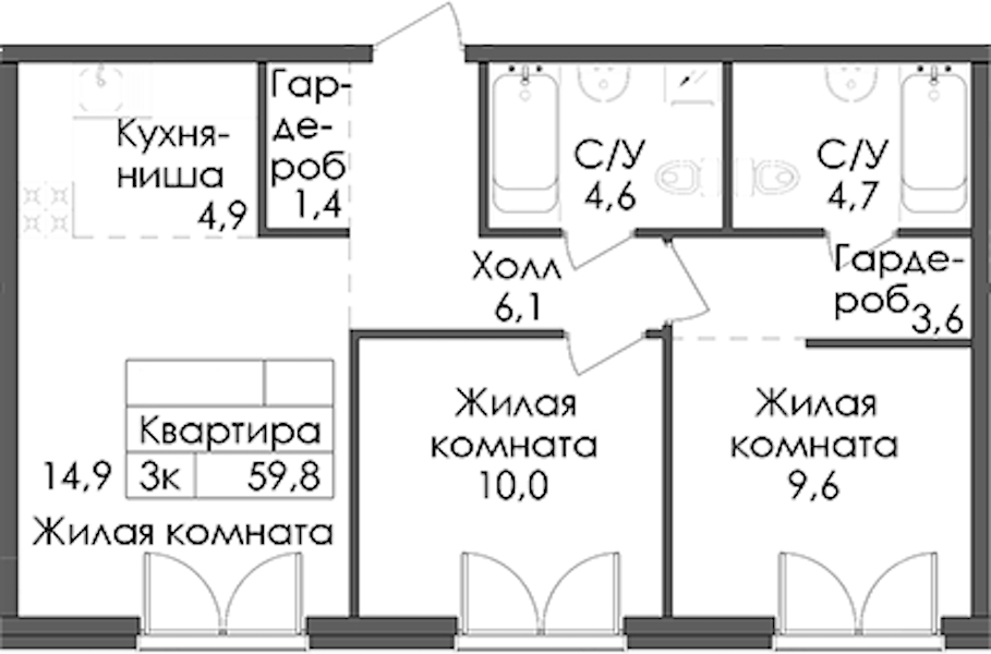 2-комнатная квартира 59.8 м², 6/9 эт., ЖК «Лермонтовский 54»
